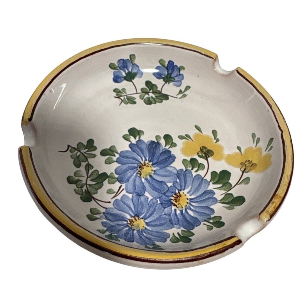 Ceramic Ashtray With Blue Yellow Floral Design 4" Signed Unsure Maker